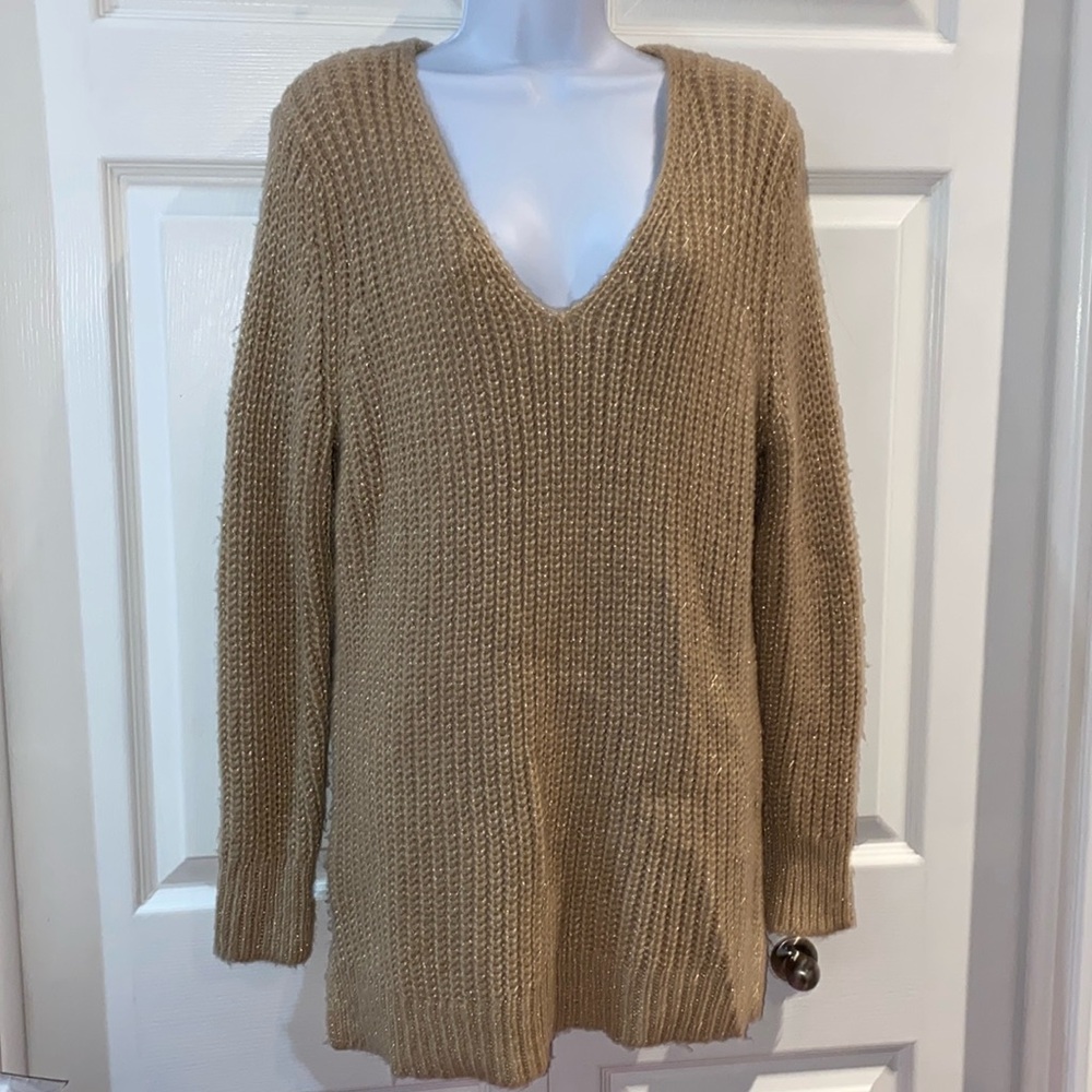 Ann Taylor Loft Plus Ladies V Neck Chunky Knit Sweater Tan Gold Size 16/18
